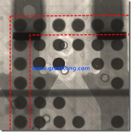 BGA錫球尺寸小于0.4mm，采用降低BGA內(nèi)圍襲球的錫膏量所得到X-Ray，稍微留意一下可以發(fā)現(xiàn)最外圈的錫量(圓的直徑)比其他內(nèi)圍的錫球上的錫量來得多一點(diǎn)點(diǎn)。也就是外圈的黑色圓形直徑比內(nèi)圈的圓形來得大一點(diǎn)點(diǎn)。