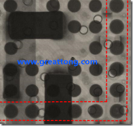 BGA錫球尺寸小于0.4mm，采用降低BGA內(nèi)圍襲球的錫膏量所得到X-Ray，稍微留意一下可以發(fā)現(xiàn)最外圈的錫量(圓的直徑)比其他內(nèi)圍的錫球上的錫量來得多一點(diǎn)點(diǎn)。也就是外圈的黑色圓形直徑比內(nèi)圈的圓形來得大一點(diǎn)點(diǎn)。
