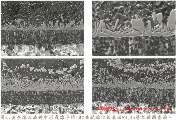 下面四張圖片為放大4500倍的SEM圖像，說明在回流焊爐熱量不足的情況下，黃金成份正要從鎳層分離融入焊錫之中的瞬間，當(dāng)零件遭受外力沖擊的時(shí)候就極有可能從這一整排AuSn、、AuSn2或AuSn4的IMC處裂開。