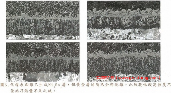 下面四圖顯示，當(dāng)焊接的熱量不足或未持續(xù)時(shí)，雖然Ni3Sn4的薄薄IMC層已經(jīng)生成而焊牢，但也會(huì)因?yàn)锳uSn及AuSn2還未來得及逸走，而停留在共金介面附近，當(dāng)有外力拉扯的時(shí)候，就很容易斷裂開來。這就是為何ENIG的焊點(diǎn)強(qiáng)度，始終不如銅面焊點(diǎn)(Cu6Sn5)來得更為牢固的主因之一。