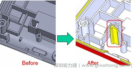 既然知道可能的問題出在電路板變形量過大,于是在電路板上黏貼應(yīng)力計(jì)(Stress Gauge)然后先量測(cè)未改善前的應(yīng)力數(shù)據(jù)。改善方法是在BGA的附近新增機(jī)溝肋柱(rib)來(lái)頂住電路板以降低電路板在落下時(shí)的變形量。