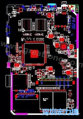 上圖是一個開發(fā)板的PCB，從布局中可以看出各個接口電路分離很明確，SDRAM和DDR以及SD卡接口電路等走線不會造成相互的干擾。-深圳宏力捷