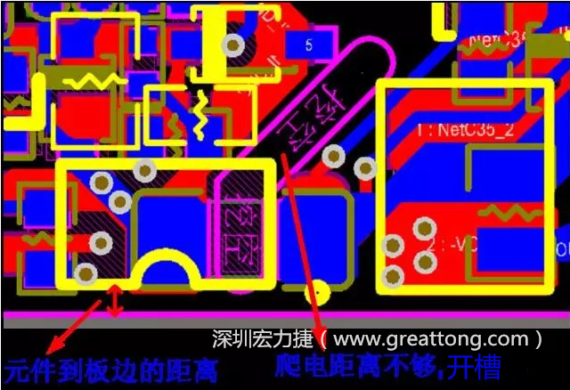 如果碰到模塊PCB空間有限，爬電距離不夠，可以采用開槽的方式