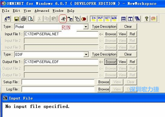 輸出文件類型(Type)選 EDIF。Output File 1 指定輸出文件的文件名和路徑。然后點擊 Run(跑動的小人)。