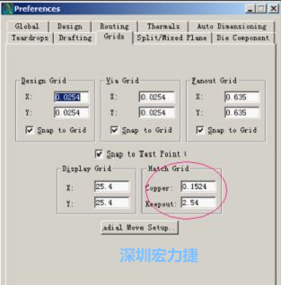  改銅皮的填充網(wǎng)格Global→Design Units，填充方向Drafting→Direction；Hatch Grid中Copper此數(shù)值為大銅箔中所填充的線條中心到中心的距離。
