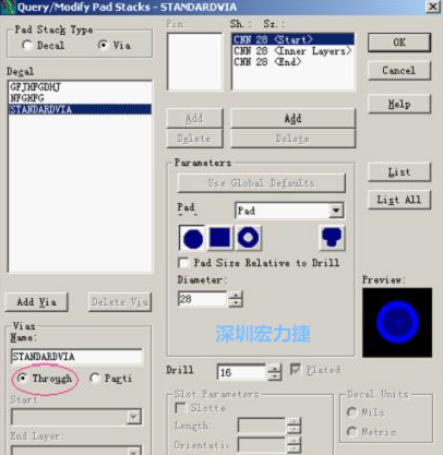 分析文件完成后，點擊菜單Setup→Pad Stacks調(diào)出焊盤堆設置窗口，將Pad Stack Type改為Via