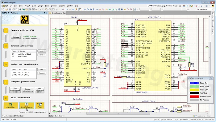 XJTAG DFT Assistant的Access Viewer模式可以清楚地顯示可用的測(cè)試存取層級(jí)，讓電路板設(shè)計(jì)人員在展開PCB布局以前的原理圖擷取階段盡可能地提高測(cè)試存取能力