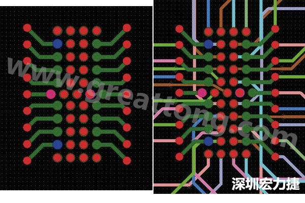 圖7：焊盤內(nèi)過孔用于內(nèi)部，而外部接腳在0.5mm閘格上扇出。圖7a顯示的是頂層(左)；圖7b顯示頂層和內(nèi)部布線層(右)。