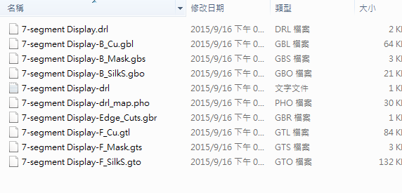 所謂Gerber檔，其實(shí)是包含一群檔案 (如下圖所示)，如包含正反面銅箔層 F.Cu B.Cu.，正反面文字面 F.Silkscreen ，B.Silkscreen，防焊層 SolderMask、板邊裁切Edge.Cuts 等。
