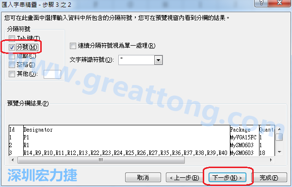 新增一個(gè)新的Excel文檔，[資料]匯入[從文字檔]，然后選擇剛產(chǎn)生的BOM (.csv)檔案，并以"分號(hào)"作為分隔符號(hào)。