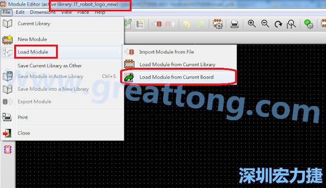 進入Module Editor去載入其他Footprint(Module)進來， 從目前的Active library (不過要先選取一個Current library ) 載入Module 或從目前正在編輯的PCB載入Module。