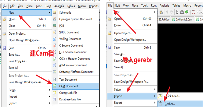 在File下新建 Cam檔，建后再File下導(dǎo)入Gerber文件，選擇所有文件導(dǎo)入gerber。